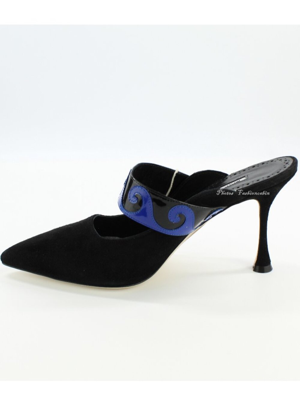 NEW MANOLO BLAHNIK Bembemu 90 Patent Leather Suede Mules, EU 38.5